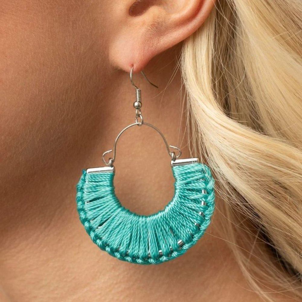Turquoise Thread Silver-Tone Boho Hoop Earrings